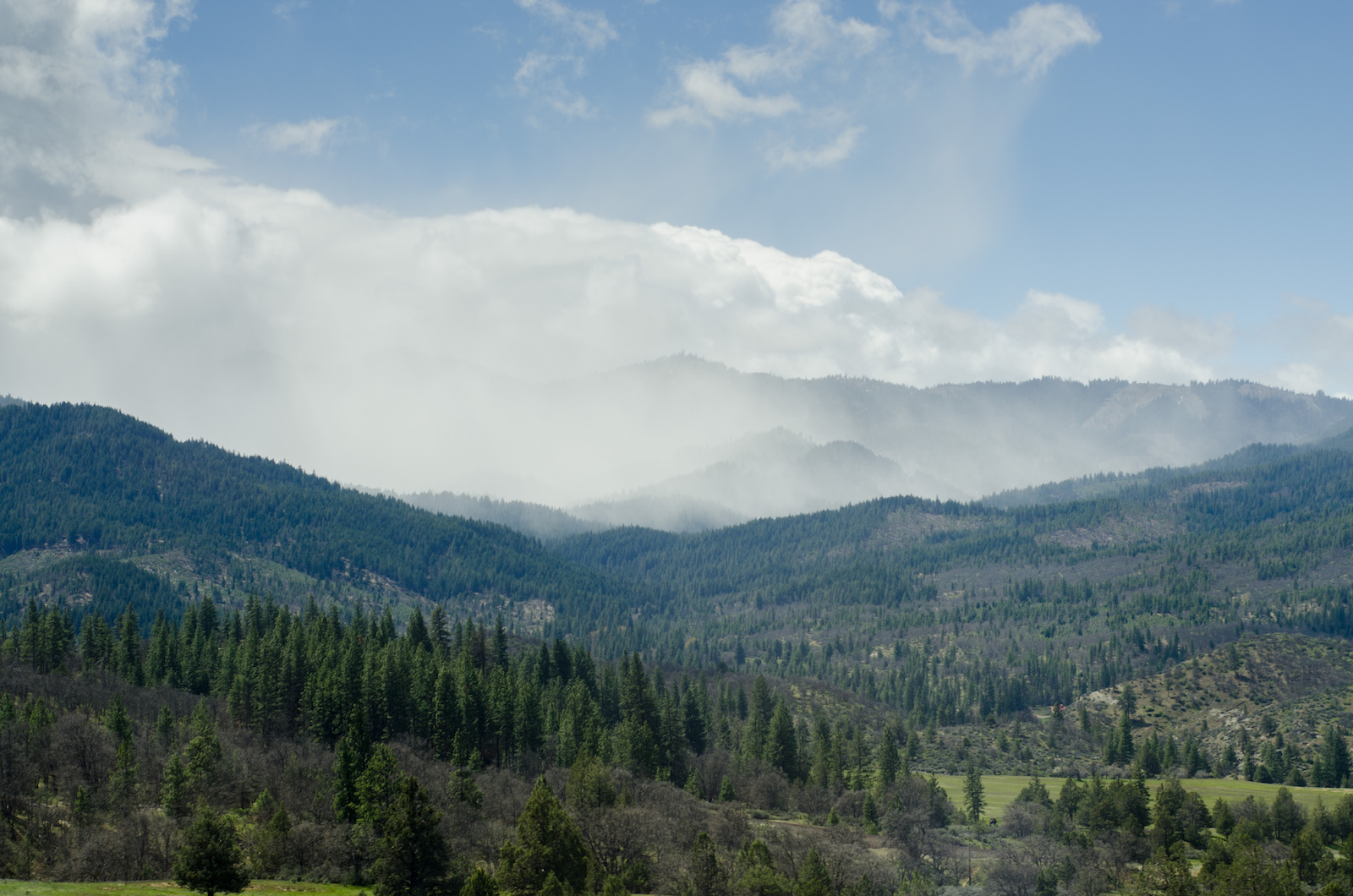 Snow and rain squalls were battling with the sunshine as we continued south through Ashland, Oregon.